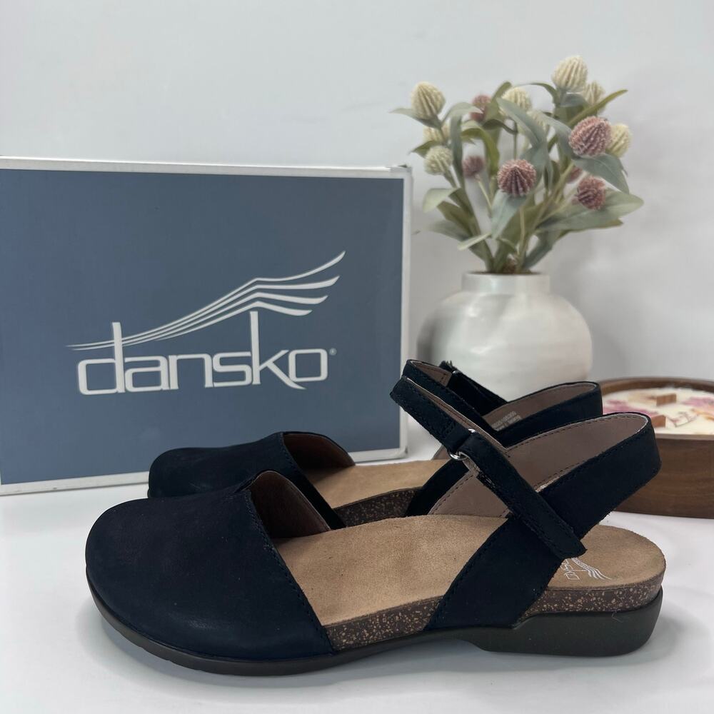 Dansko Rowan Nubuck Leather Wedge Comfort Sandals Black Women EU 37/6.5 NWB